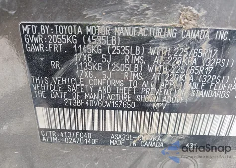 2012 Toyota Rav4 from USA, damaged, VIN 2T3BF4DV6CW197650